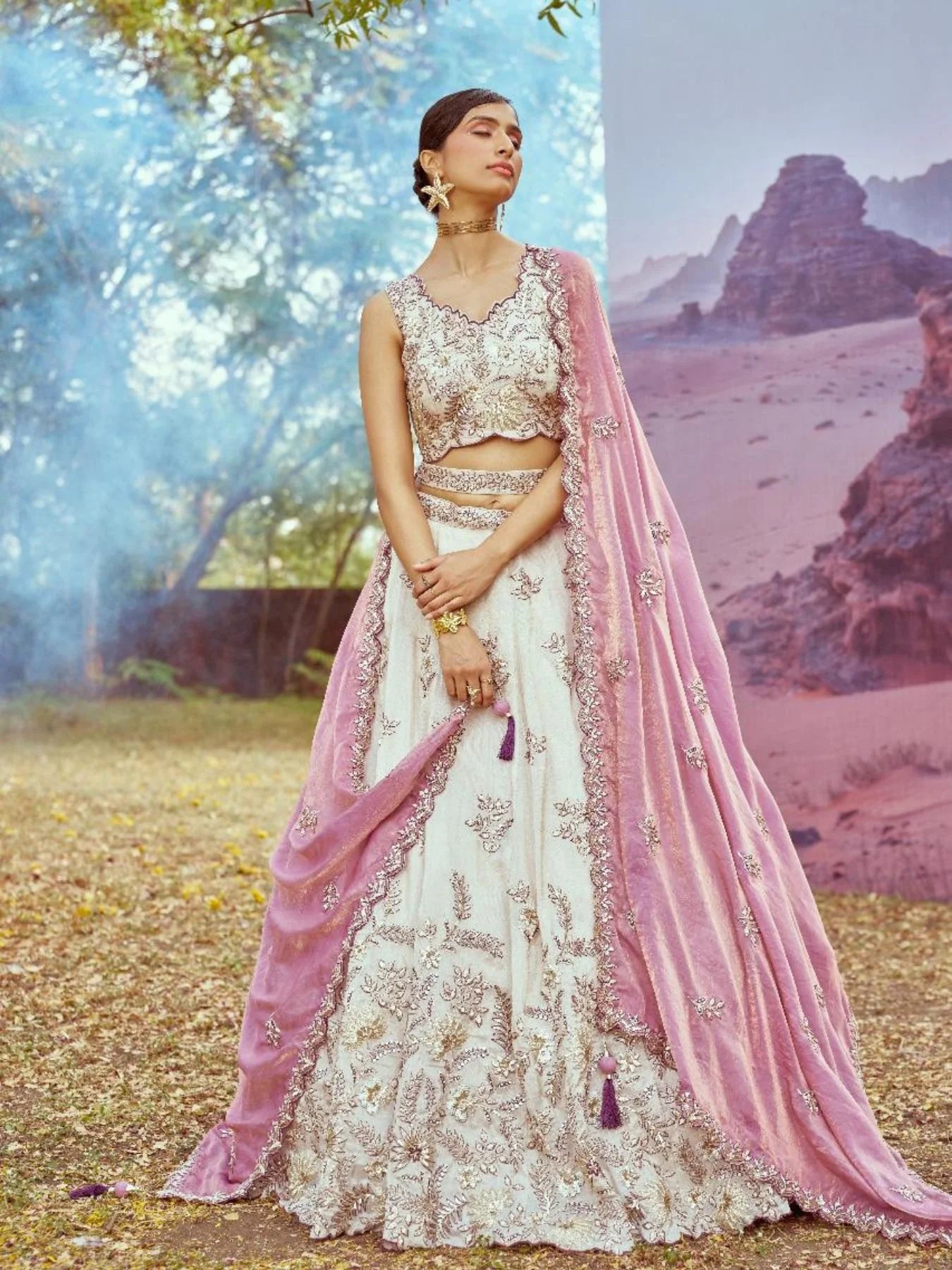 Premium Cream Viscose Lehenga Set with Embroidery Clothing Wholesaler Textile Exporter and Wholesale Designer Wear