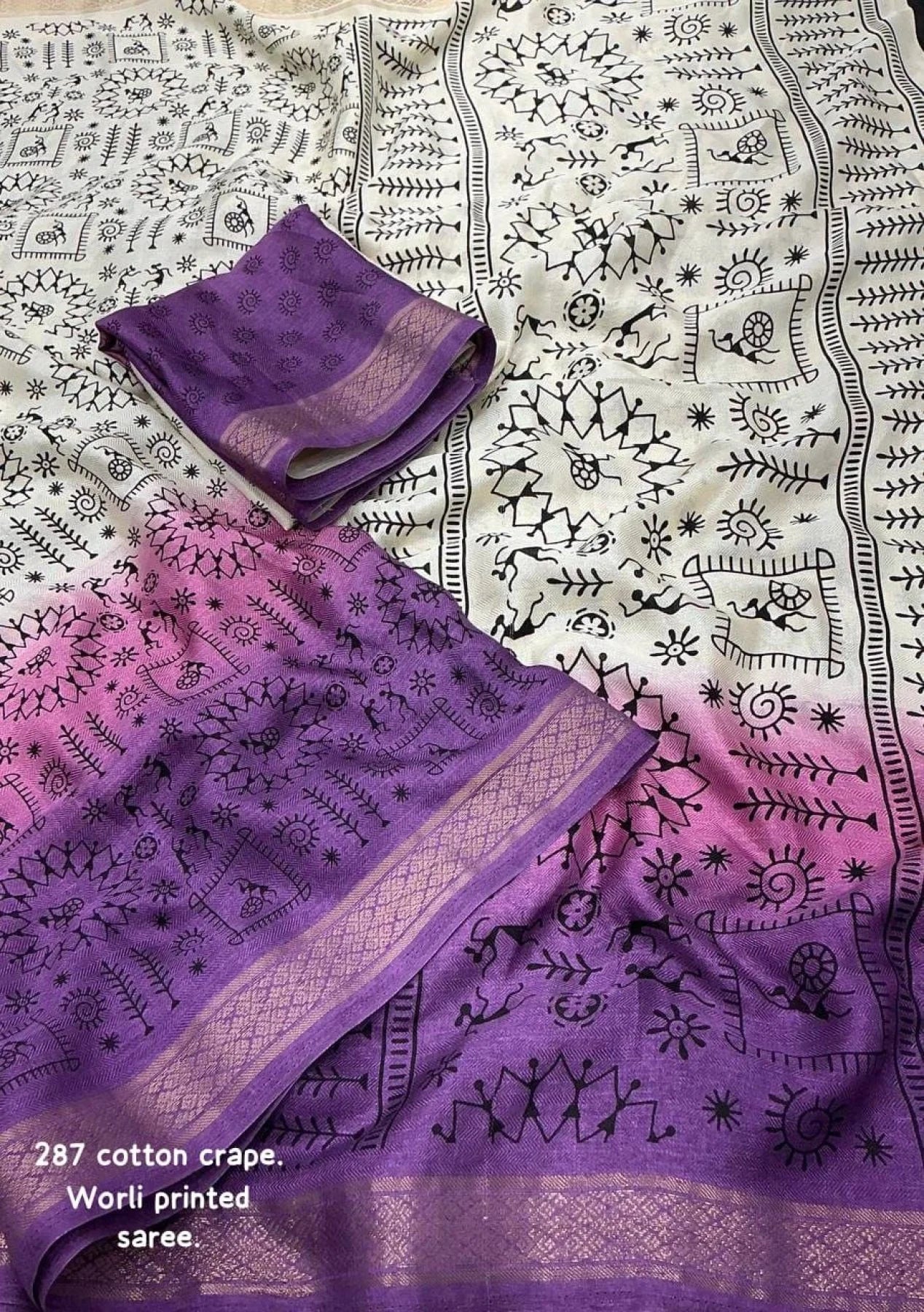 New Fancy Worli Cotton Crepe Saree with Zari Woven Border Soft Pashmina Silk