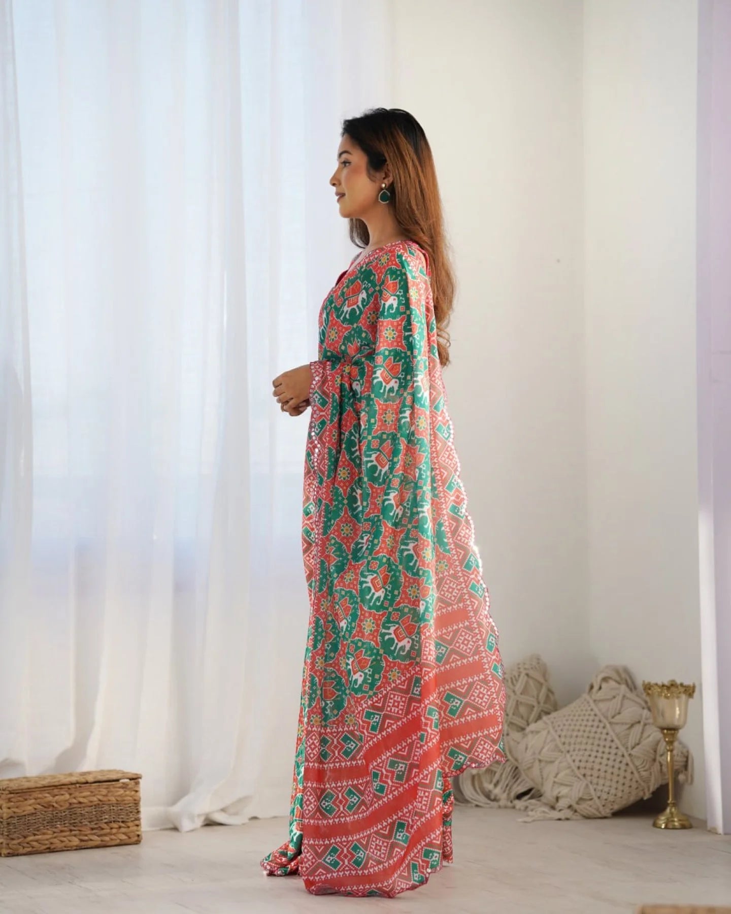 Designer Green Chinnon Mirror Lace Saree for Women Ethnic Kutchi Work Festive Wear Saree Surat Manufacturer
