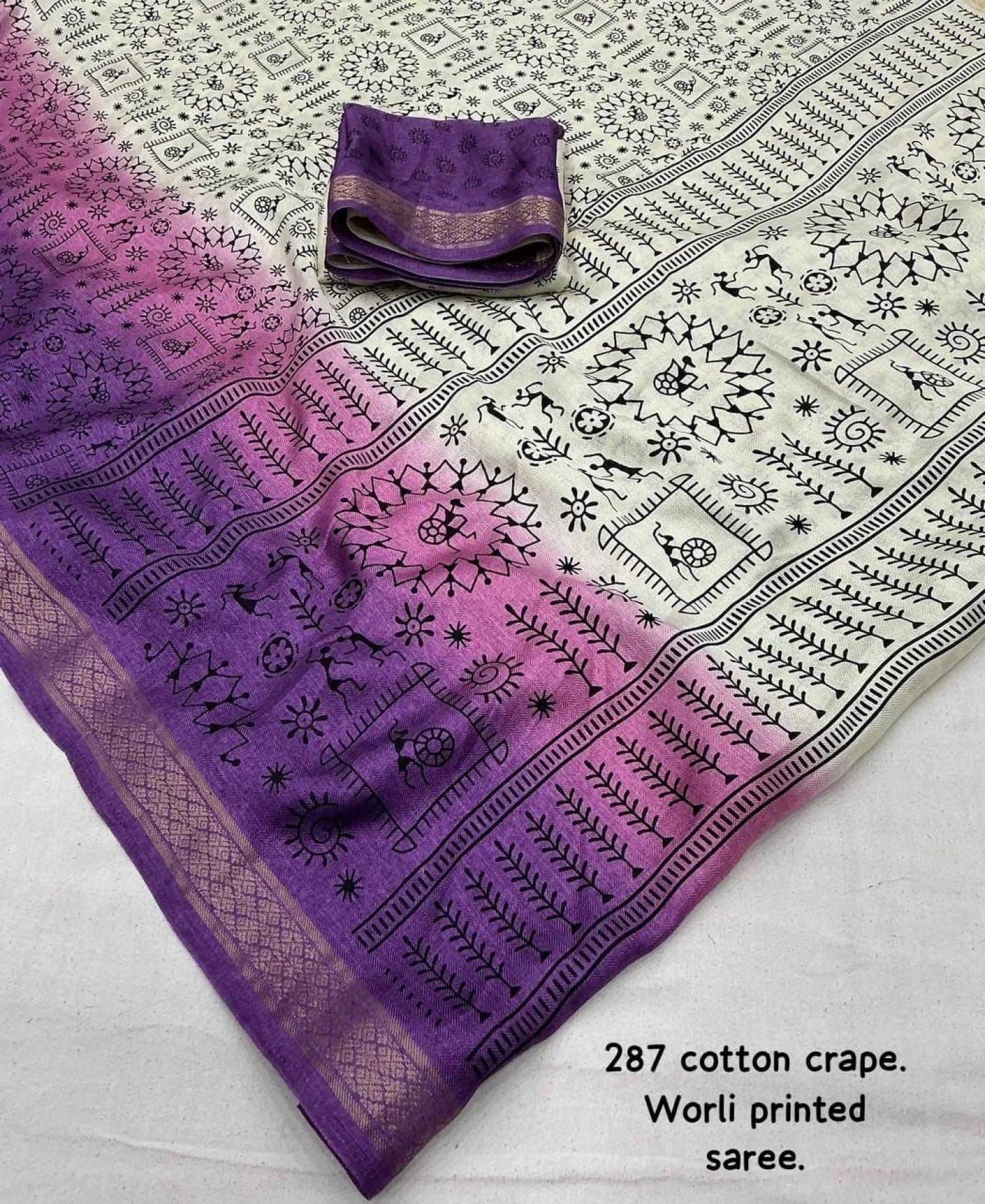 New Fancy Worli Cotton Crepe Saree with Zari Woven Border Soft Pashmina Silk