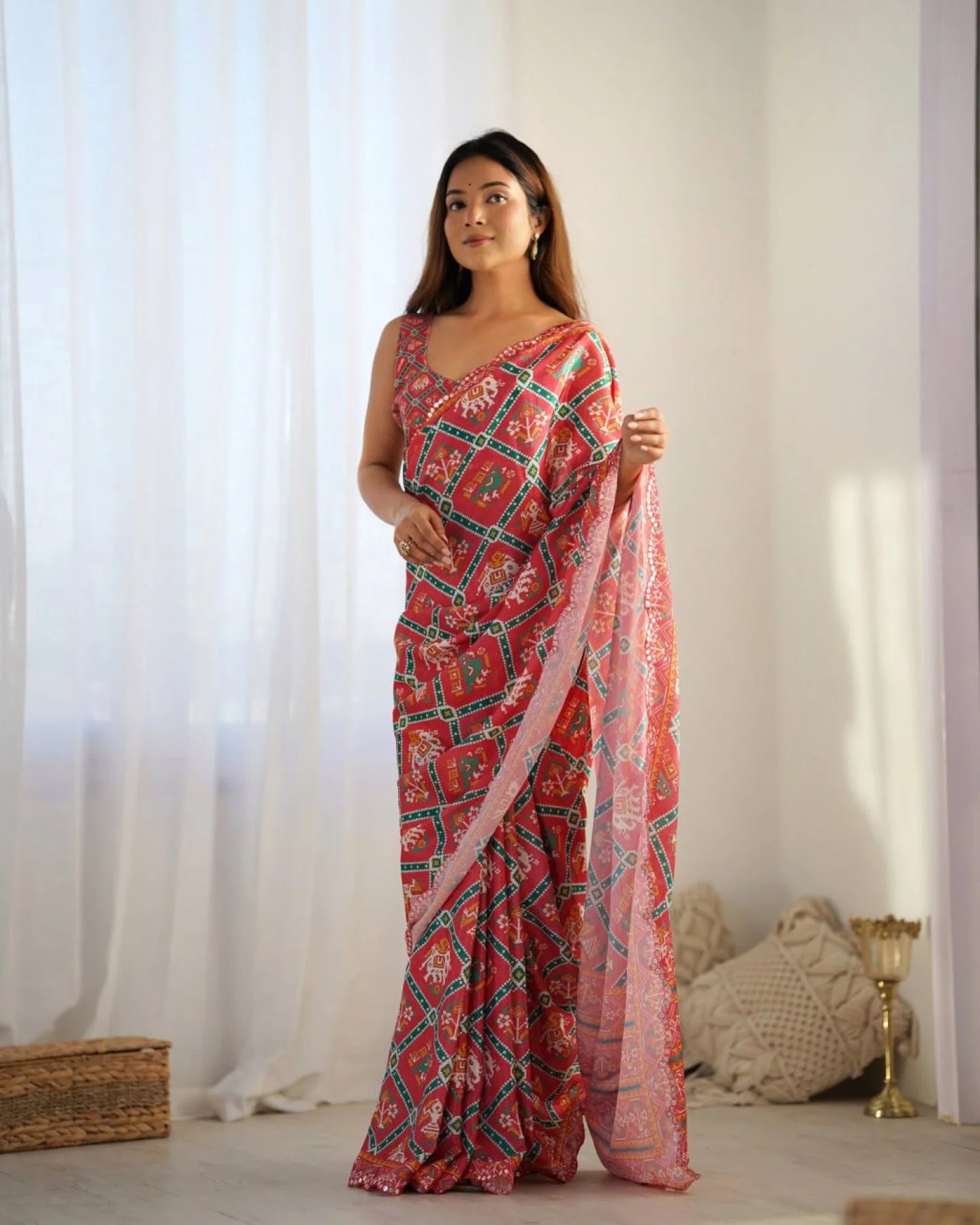 Online Shopping Deal Heavy Printed Chinon Saree with Fancy Mirror Work Lace for Women