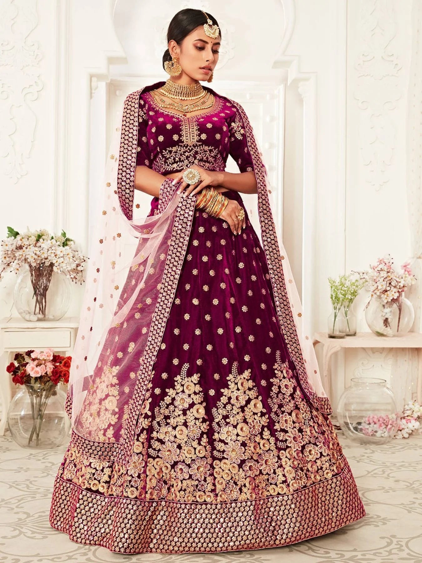 Purple Velvet Bridal Lehenga Choli Set Dori Zari Sequins Embroidery Surat Wholesaler