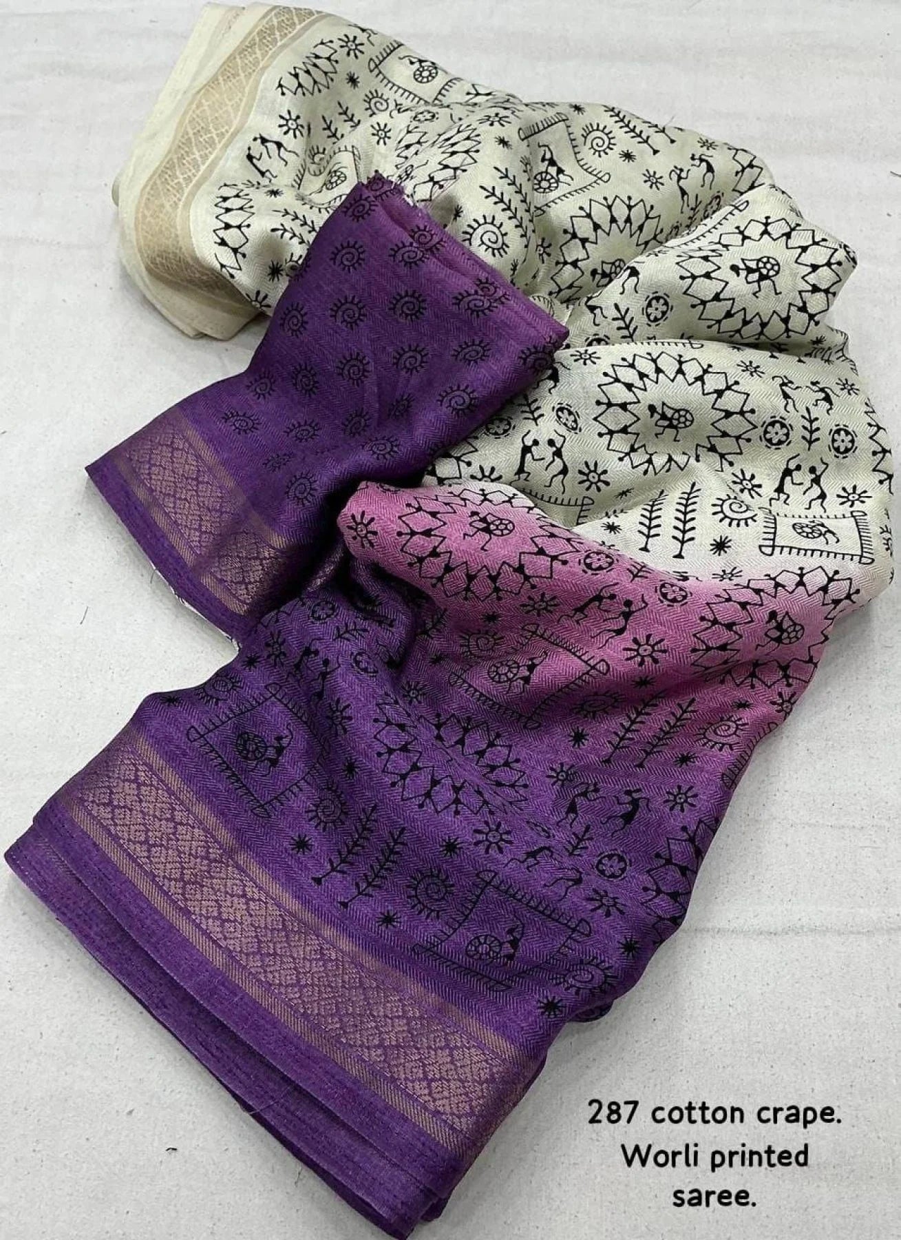 New Fancy Worli Cotton Crepe Saree with Zari Woven Border Soft Pashmina Silk