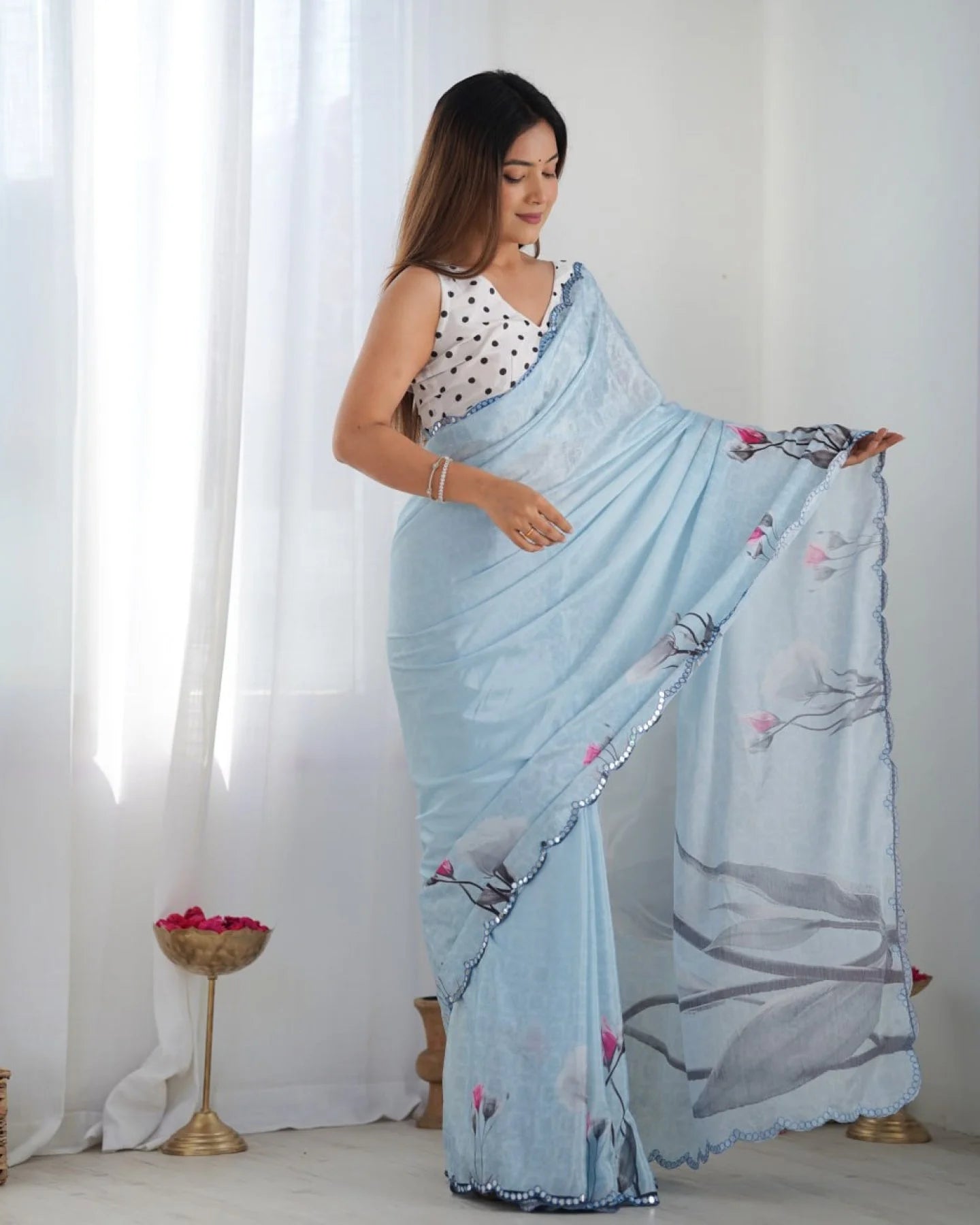 Sky Blue Chinon Weaving Saree with Elegant Mirror Lace Daily Wear Collection for Resellers at Best Price