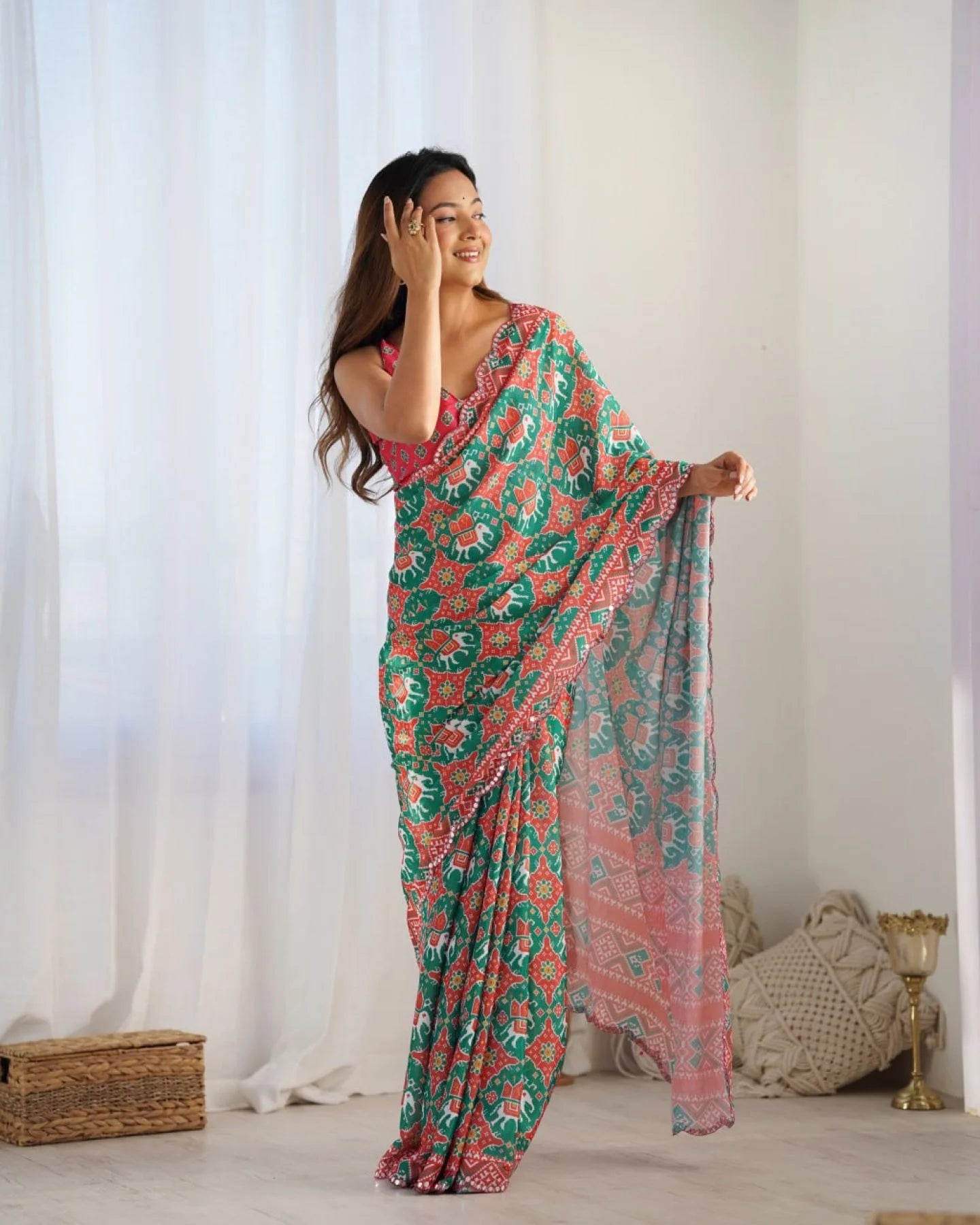 Designer Green Chinnon Mirror Lace Saree for Women Ethnic Kutchi Work Festive Wear Saree Surat Manufacturer