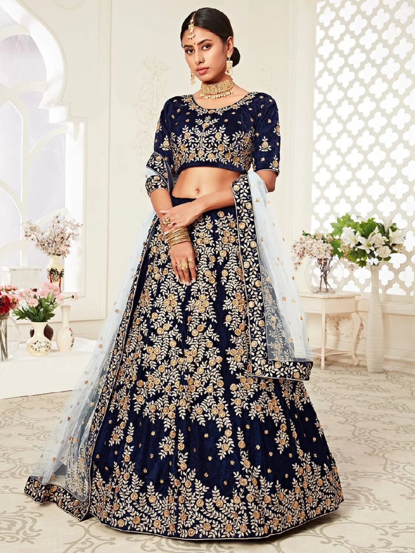 Luxury Navy Blue Velvet Lehenga Choli with Zari Diamond Work Best Offer from Manufacturer at Wholesale Price