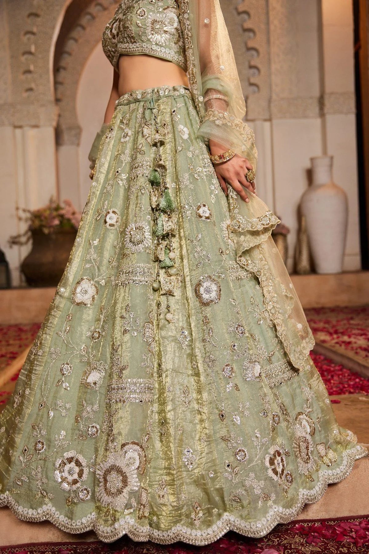 Designer Pista Green Lehenga Choli with Heavy Embroidery Cut Work Border Wholesale Supplier Surat