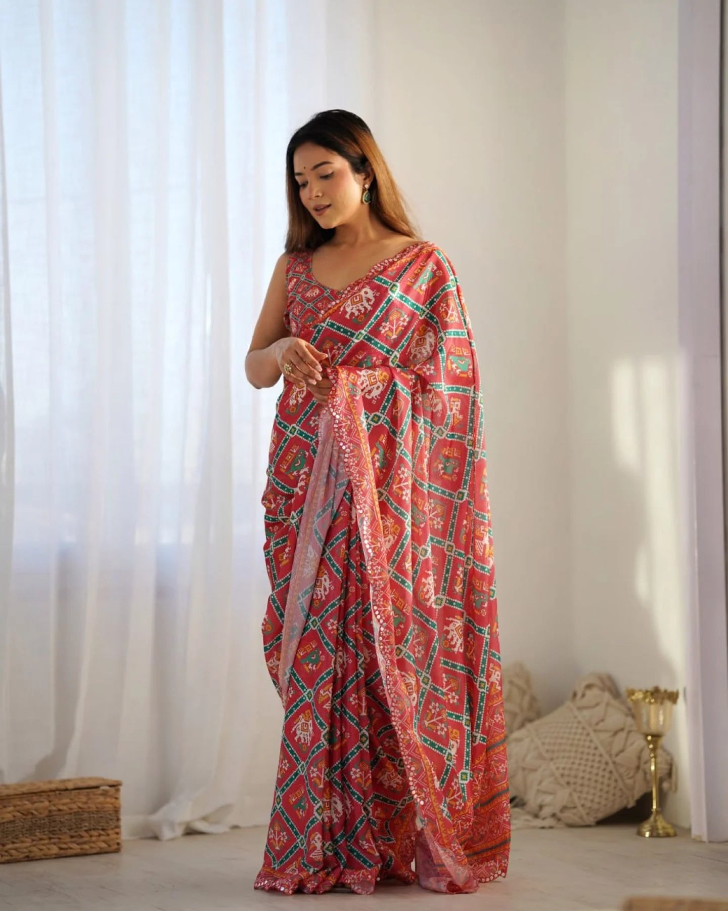 Online Shopping Deal Heavy Printed Chinon Saree with Fancy Mirror Work Lace for Women