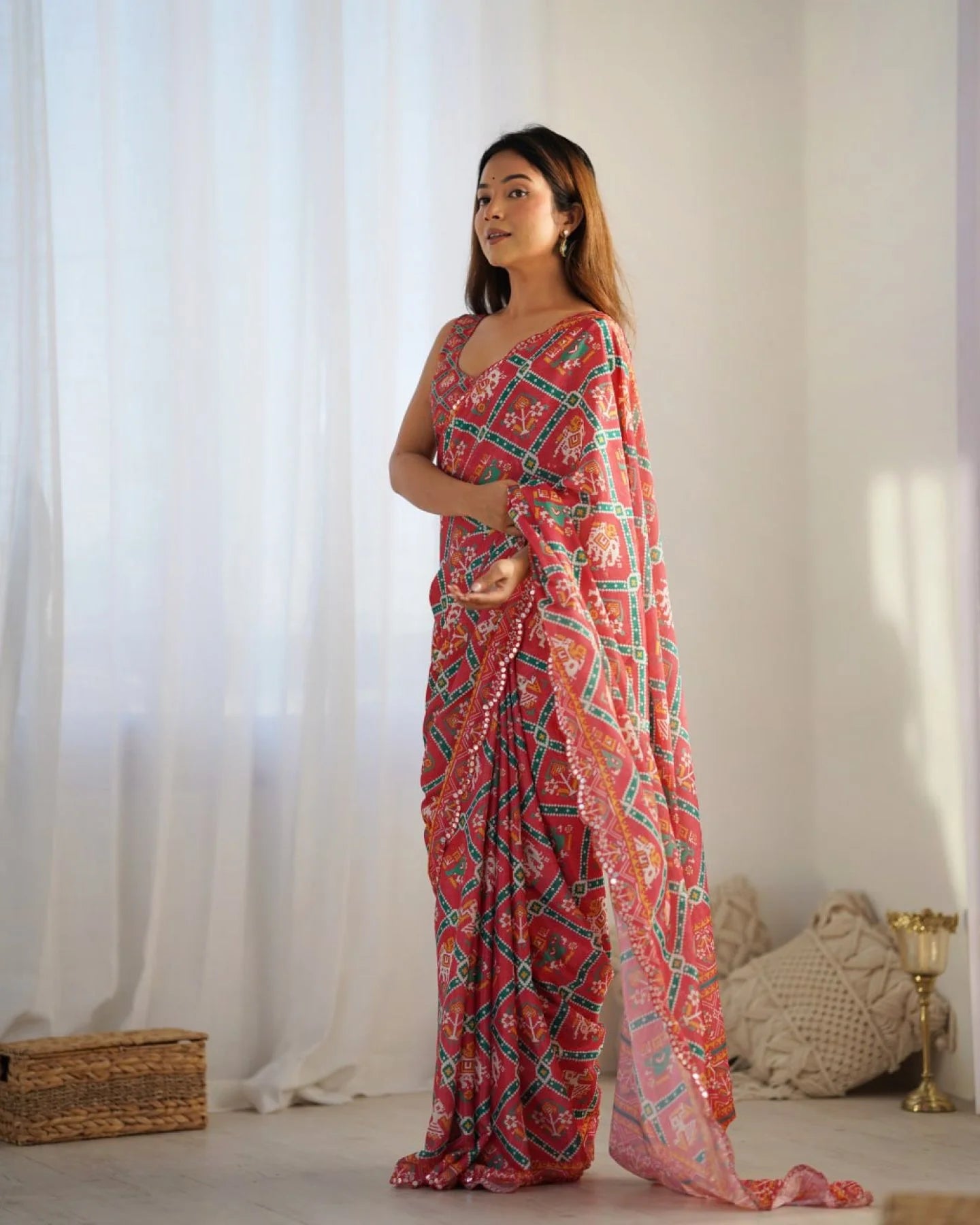 Online Shopping Deal Heavy Printed Chinon Saree with Fancy Mirror Work Lace for Women