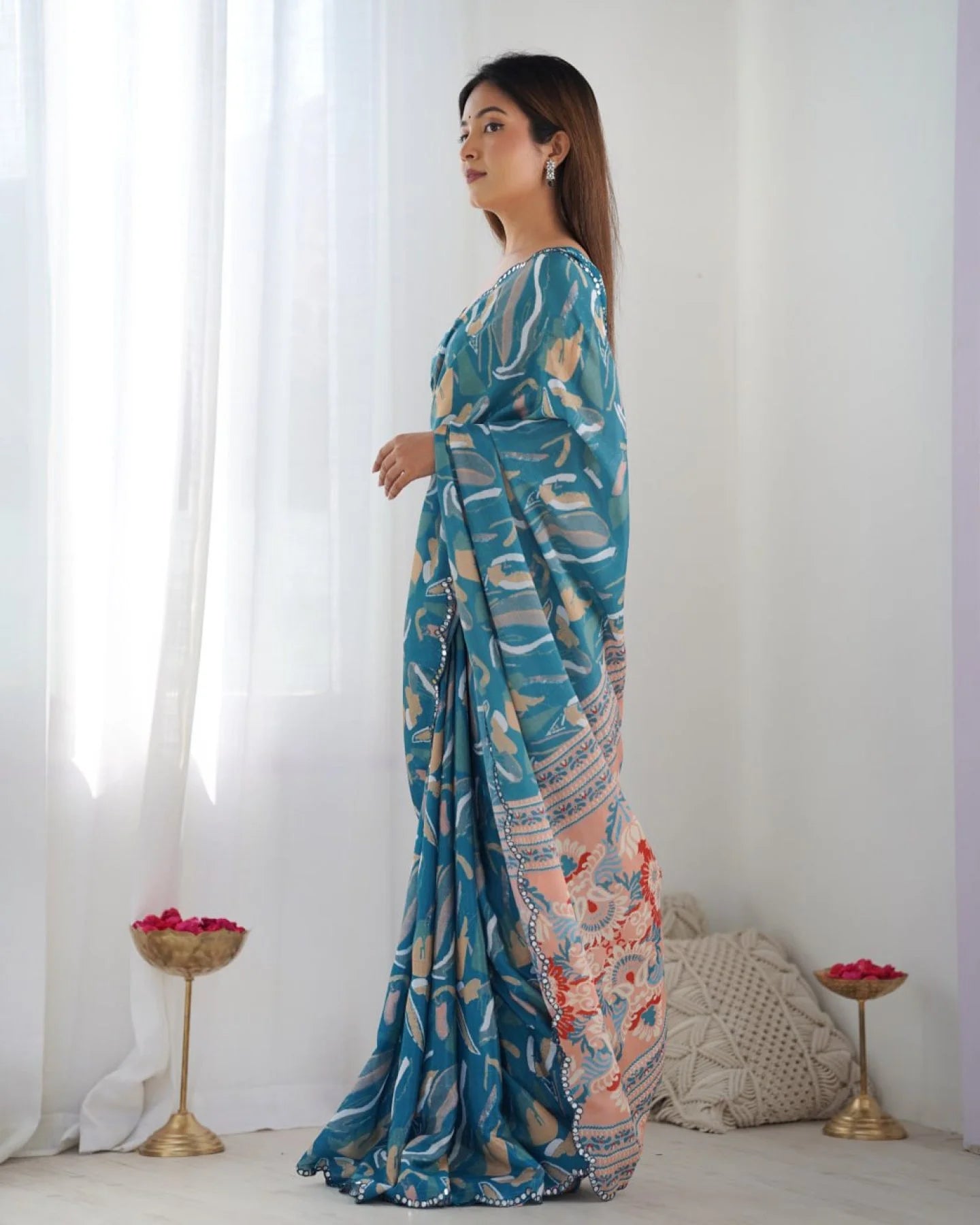 Teal Blue Chinon Mirror Work Saree Best Online Offer for Trusted Surat Supplier
