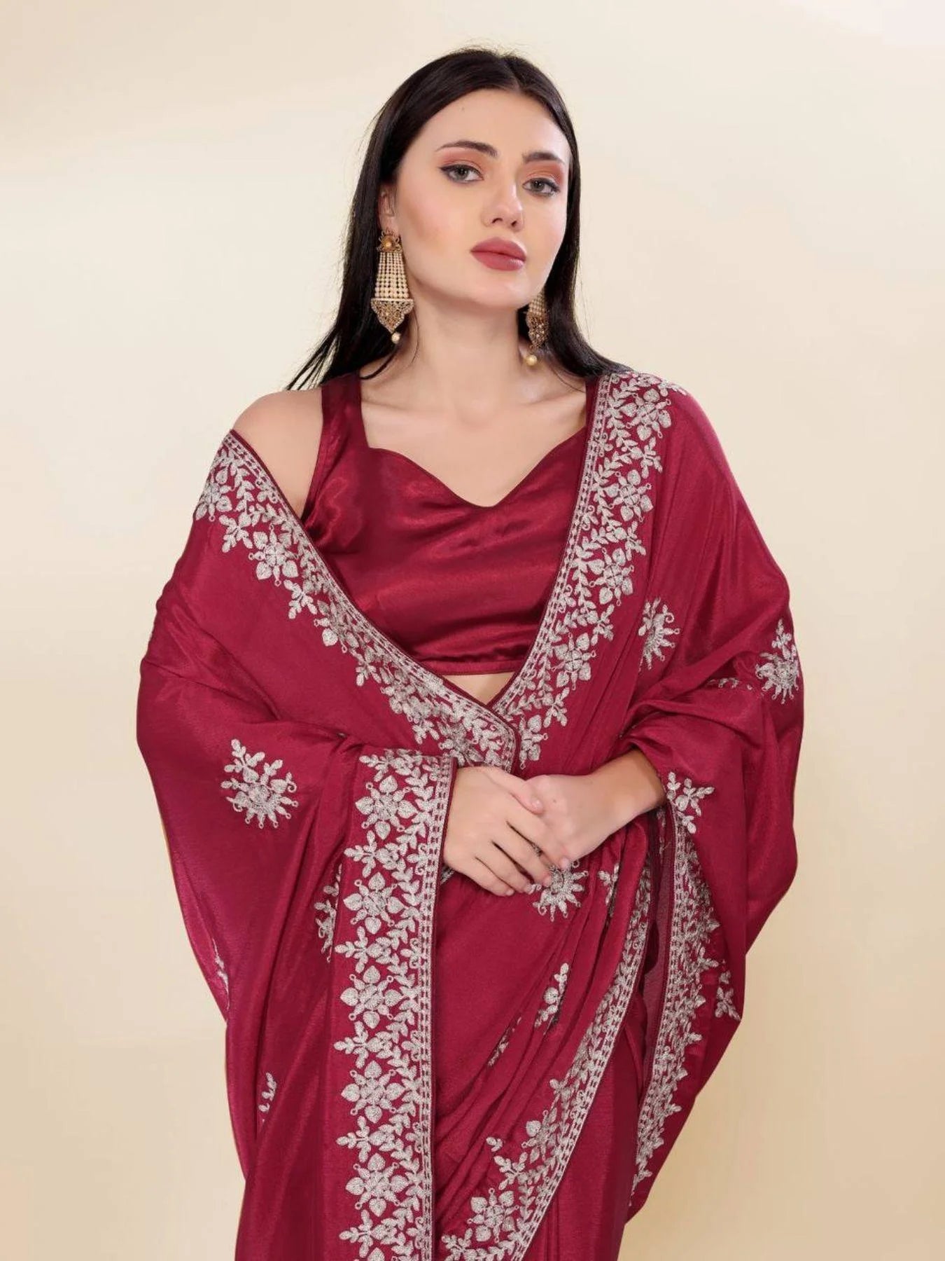 Minimalist Party Wear Chinon Silk Saree With Embroidered Design