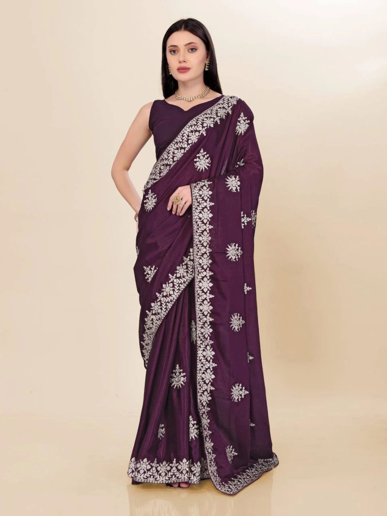 Minimalist Party Wear Chinon Silk Saree With Embroidered Design