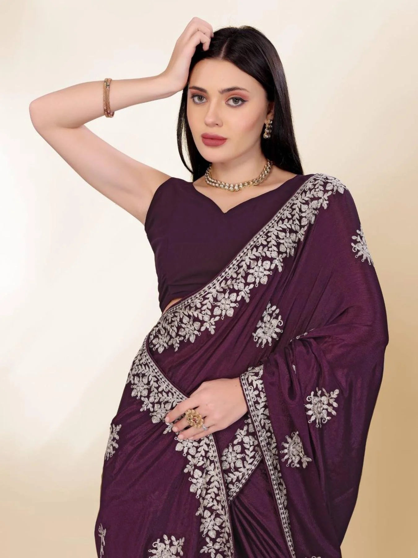 Minimalist Party Wear Chinon Silk Saree With Embroidered Design