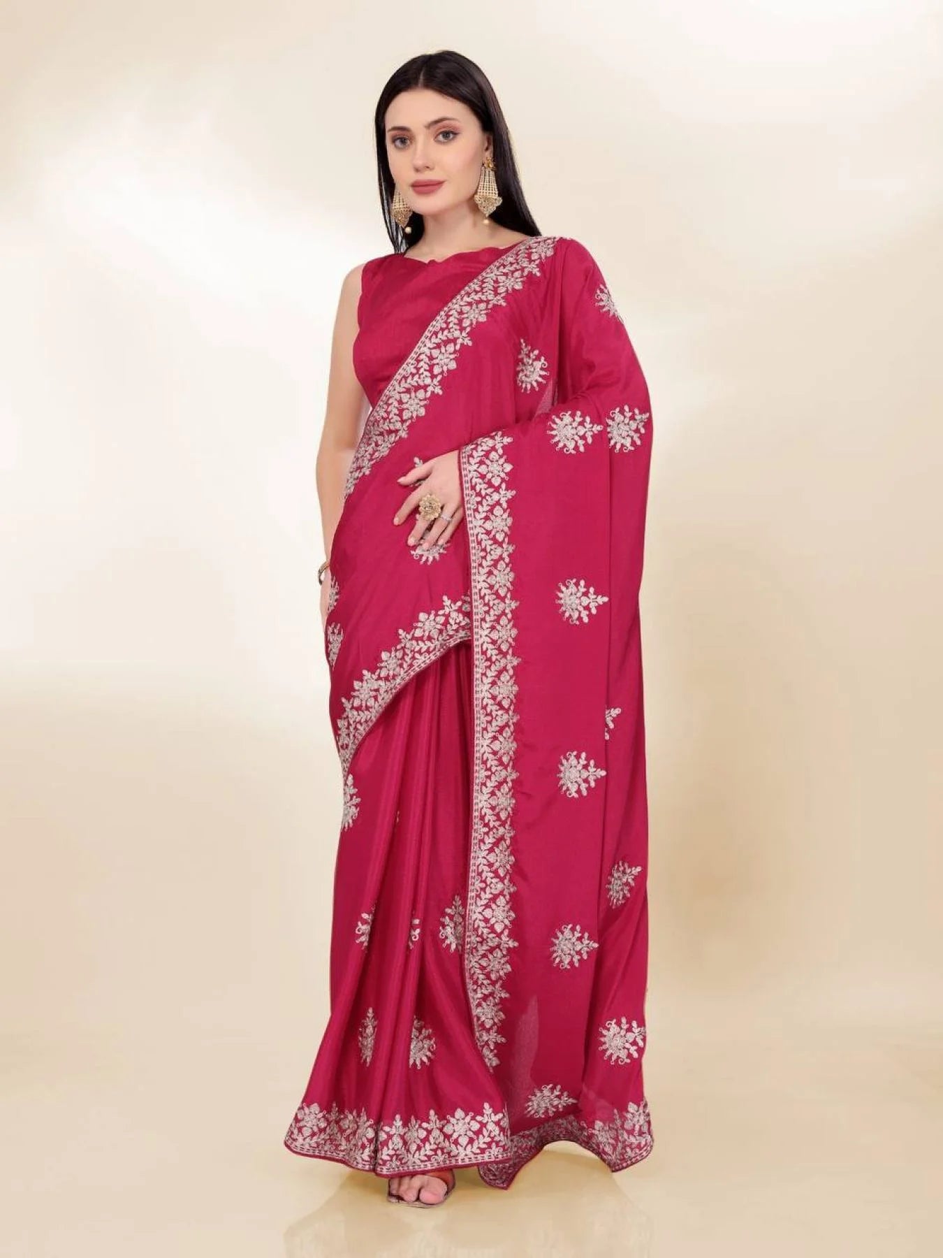 Minimalist Party Wear Chinon Silk Saree With Embroidered Design