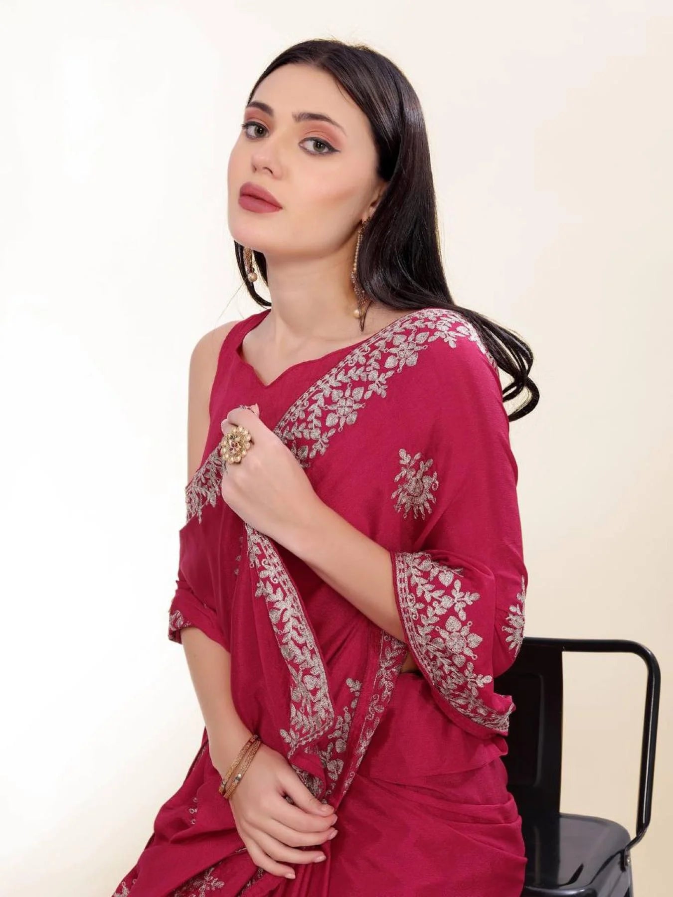Minimalist Party Wear Chinon Silk Saree With Embroidered Design