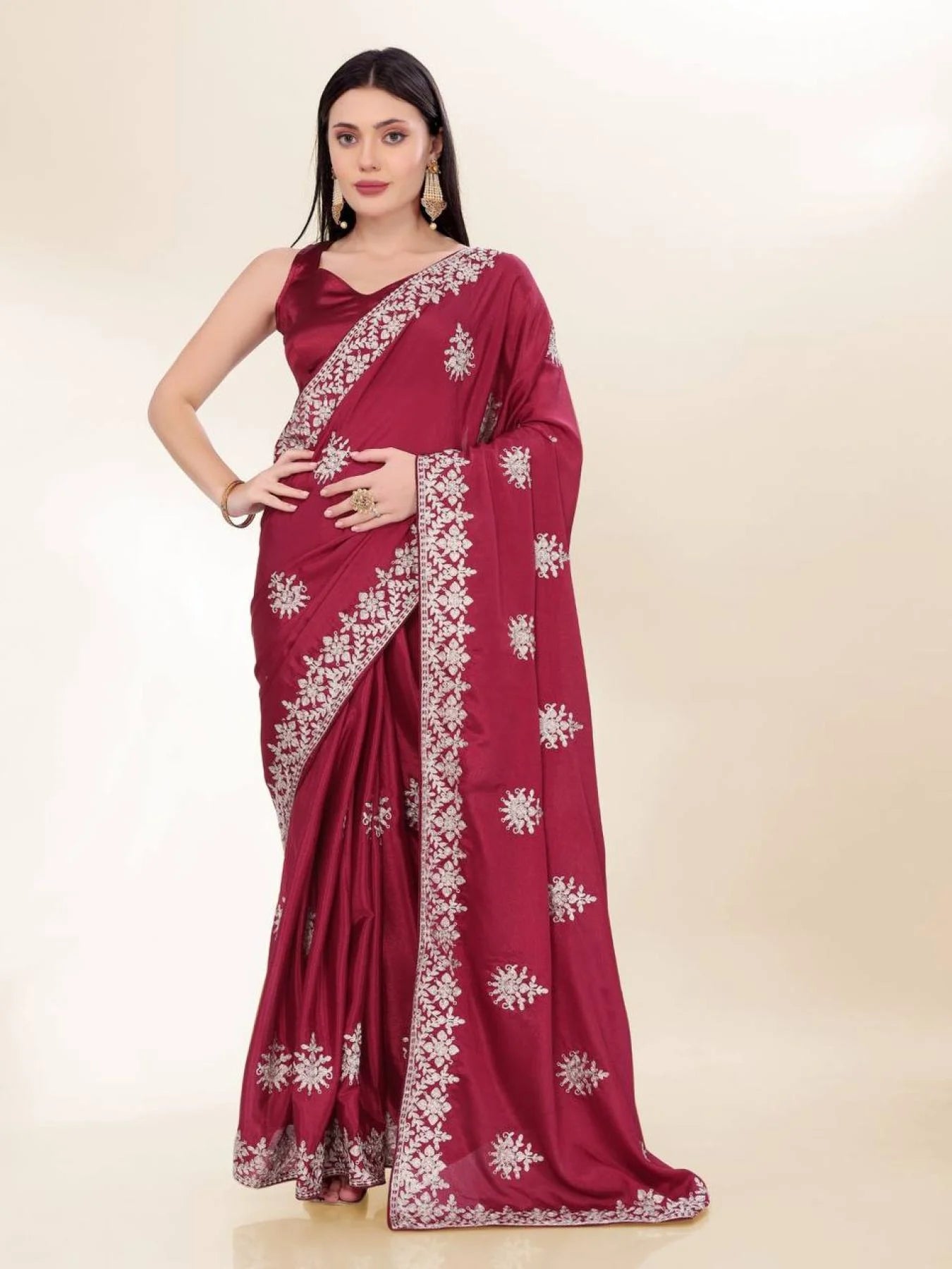 Minimalist Party Wear Chinon Silk Saree With Embroidered Design