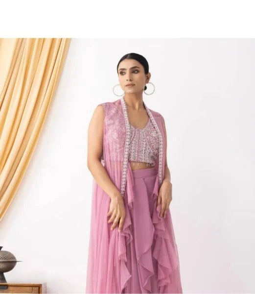 Party Wear Pink Georgette Dhoti Style Suit Embroidered Blouse & Lace Dhoti with Ruffle Koti (Copy)