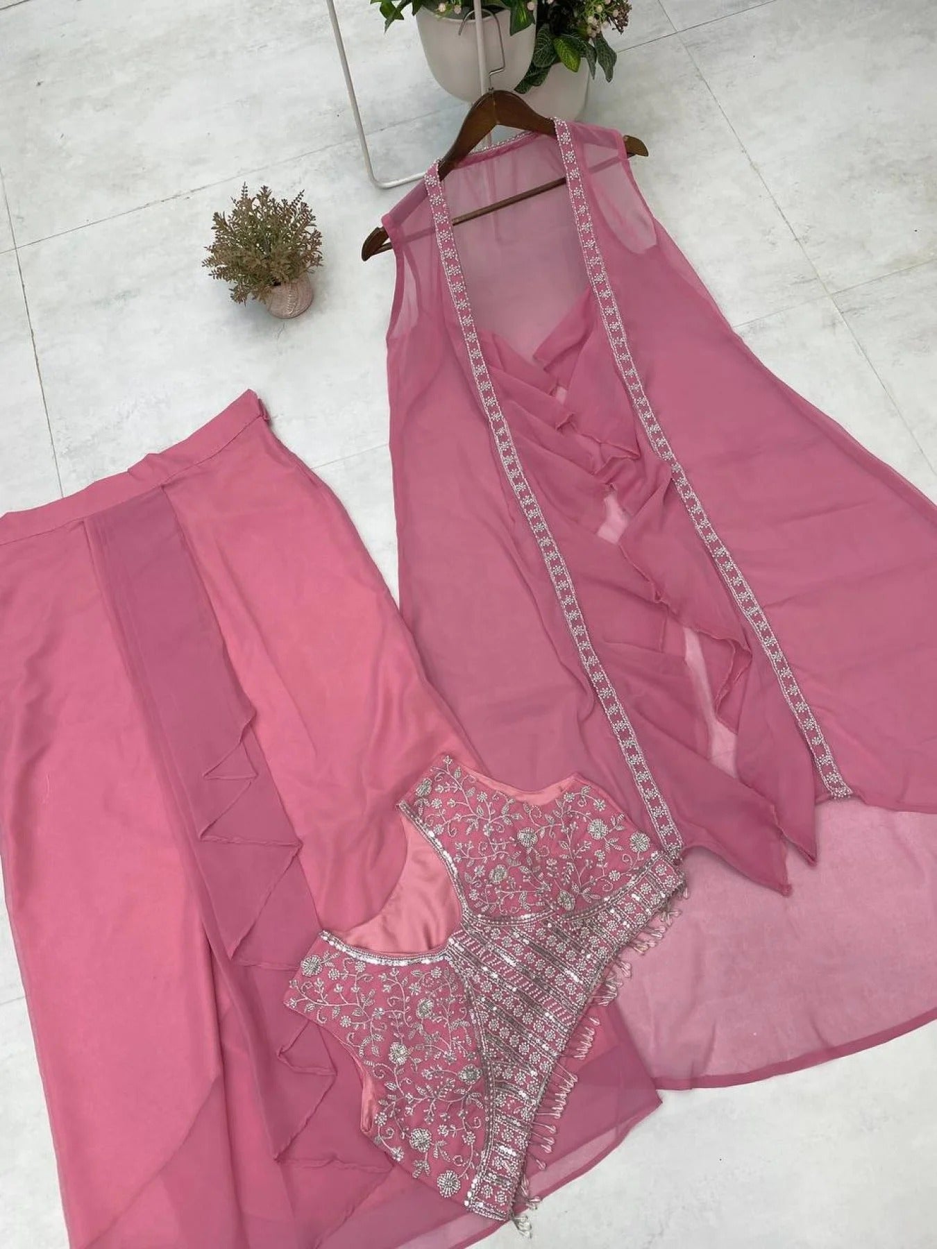 Party Wear Pink Georgette Dhoti Style Suit Embroidered Blouse & Lace Dhoti with Ruffle Koti (Copy)