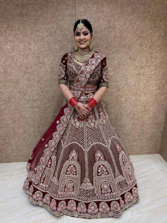 Designer Maroon Velvet Bridal Lehenga with Heavy Badla Zari Diamond Work Wholesale Manufacturer Rate by RoyalExport