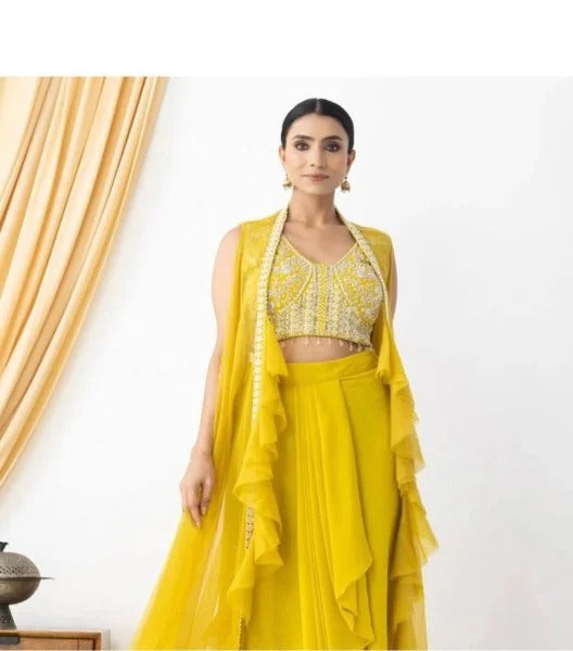 Party Wear Yellow Georgette Dhoti Style Suit Embroidered Blouse & Lace Dhoti with Ruffle Koti