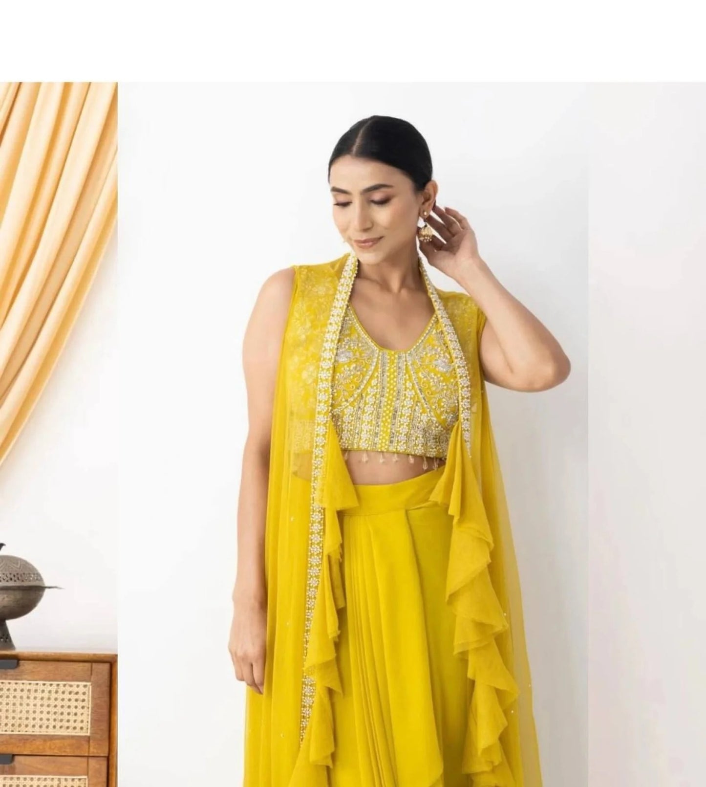 Party Wear Yellow Georgette Dhoti Style Suit Embroidered Blouse & Lace Dhoti with Ruffle Koti