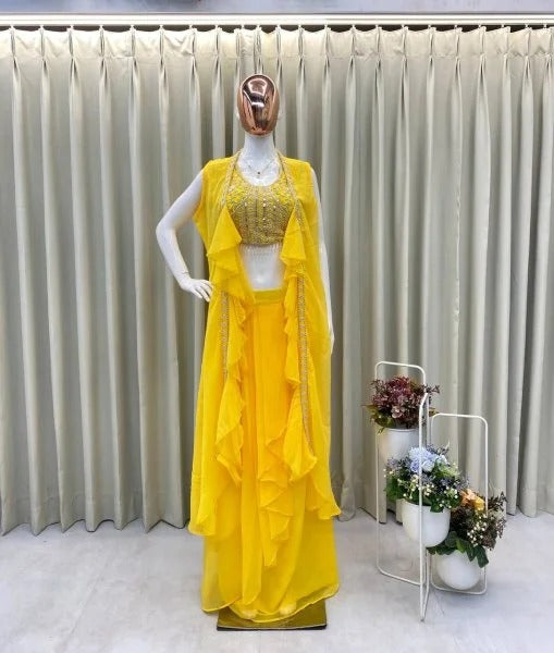Party Wear Yellow Georgette Dhoti Style Suit Embroidered Blouse & Lace Dhoti with Ruffle Koti