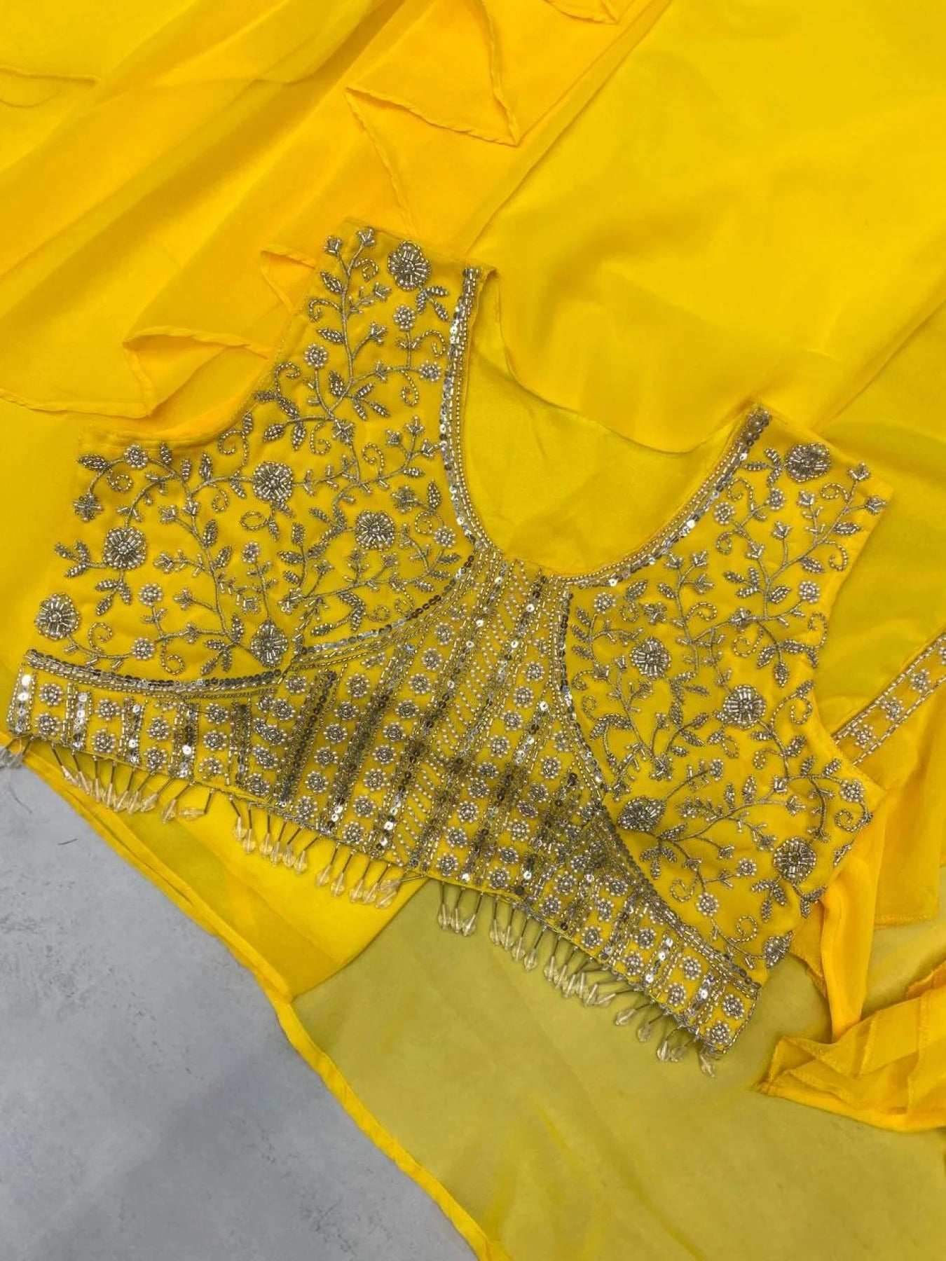 Party Wear Yellow Georgette Dhoti Style Suit Embroidered Blouse & Lace Dhoti with Ruffle Koti