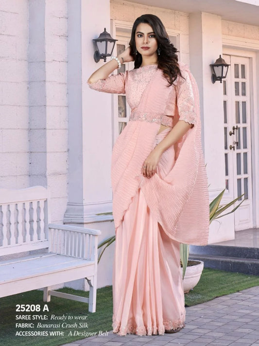 Stunning Crepe Satin Silk Party Wear Saree with Thread Sequence Moti Work Stylish Belt for a Ready to Wear Look