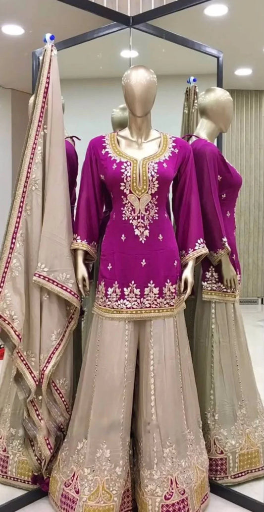 2025 Wholesale Premium Mustard Georgette Sharara Suit Fully Stitched Heavy Embroidery Ready to Wear Designer Collection at Affordable Prices