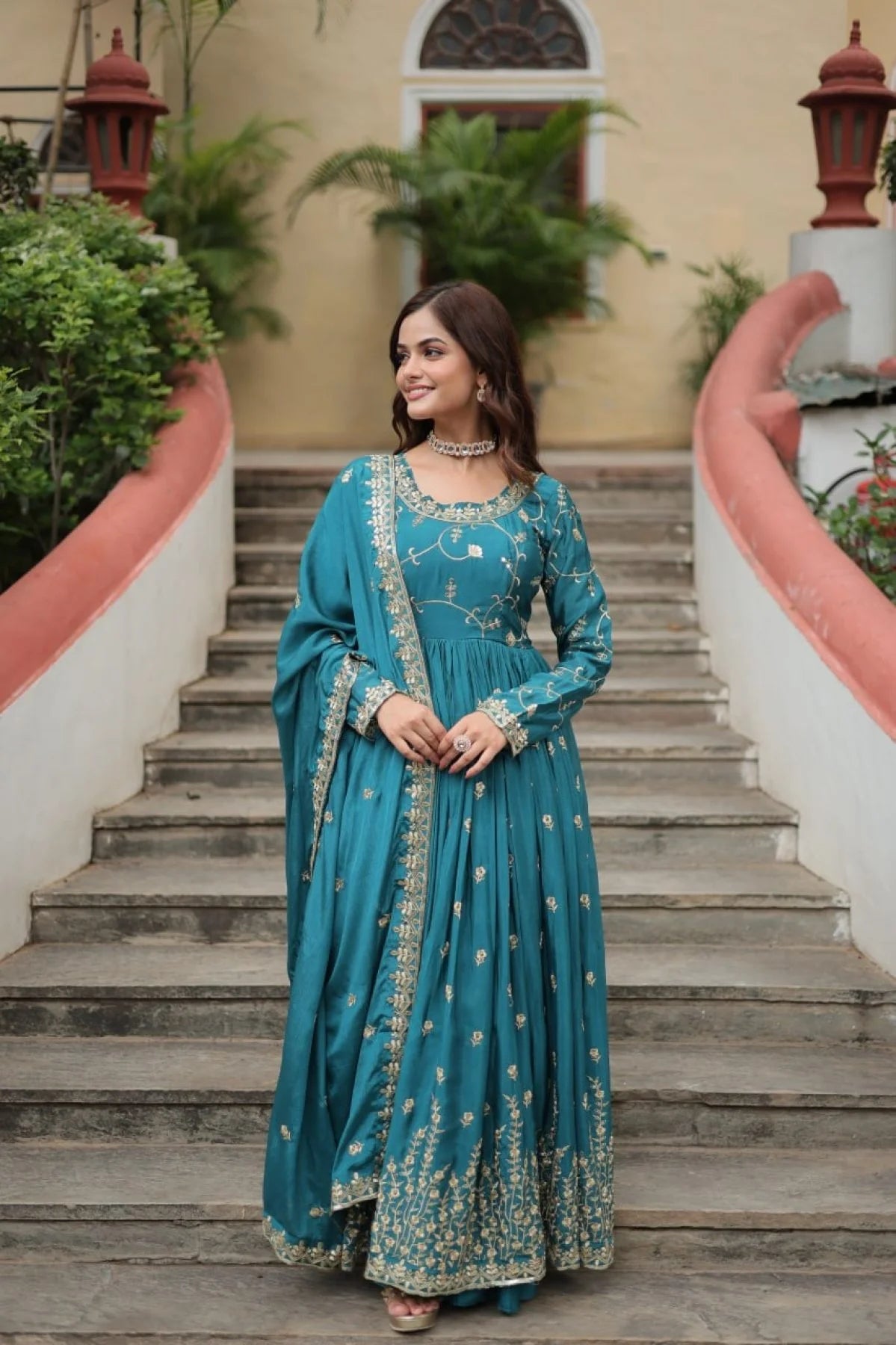 Stunning Rama Color Chinon Designer Embroidered Salwar Suit