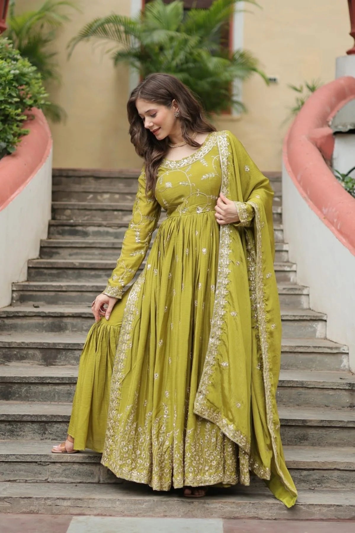Stunning Parrot Color Chinon Designer Embroidered Salwar Suit