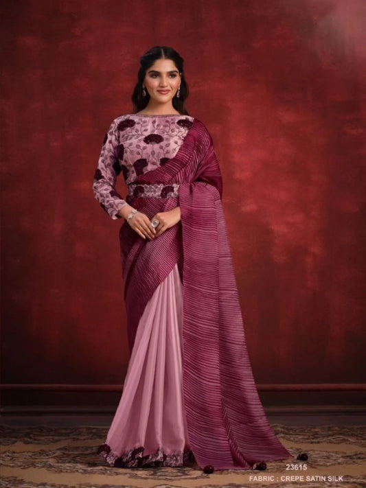 Sequence With Thread Work Crepe Silk Georgette Party Wear Saree With Belt In Wholesale Price
