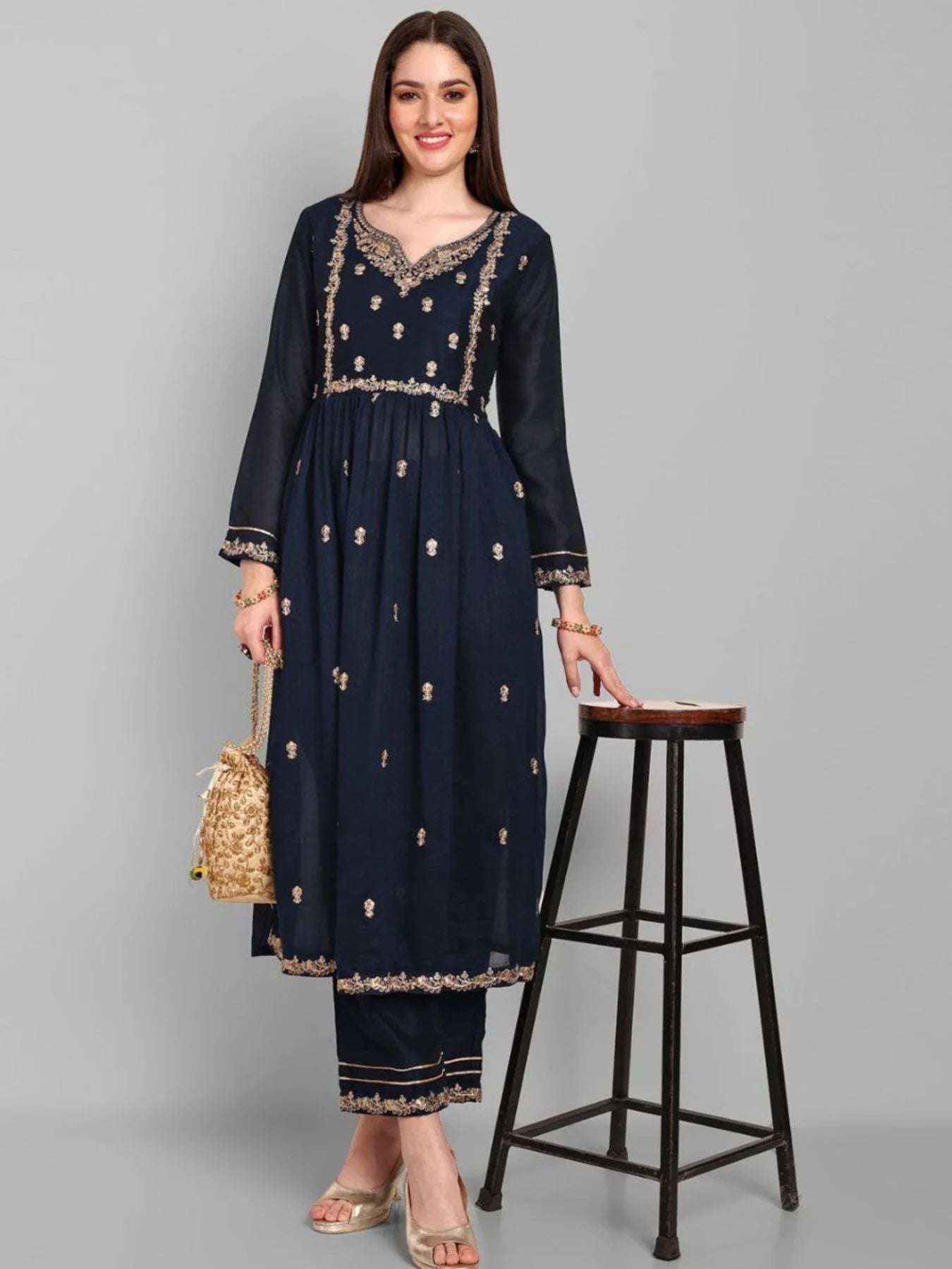 Perfect Women Vichitra Silk Embroidery Kurti Pant Set