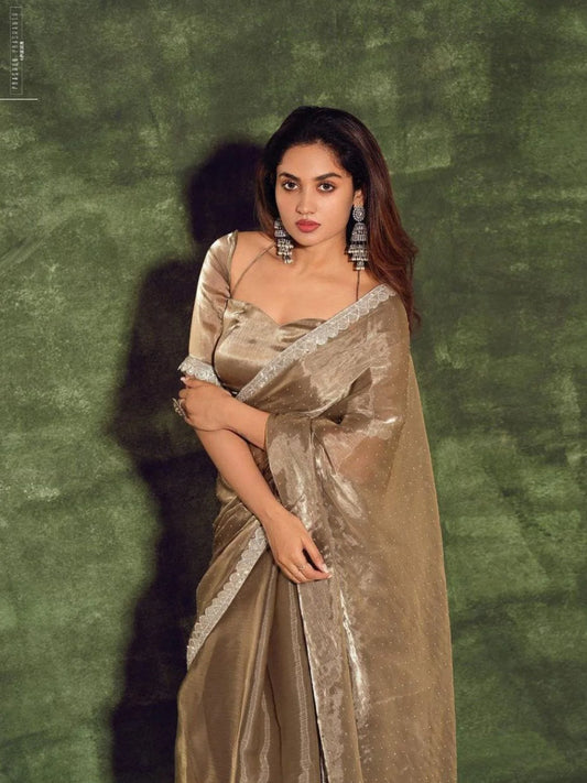 Soft Burberry Jimmy Chuu Saree With HandWork Lace Border