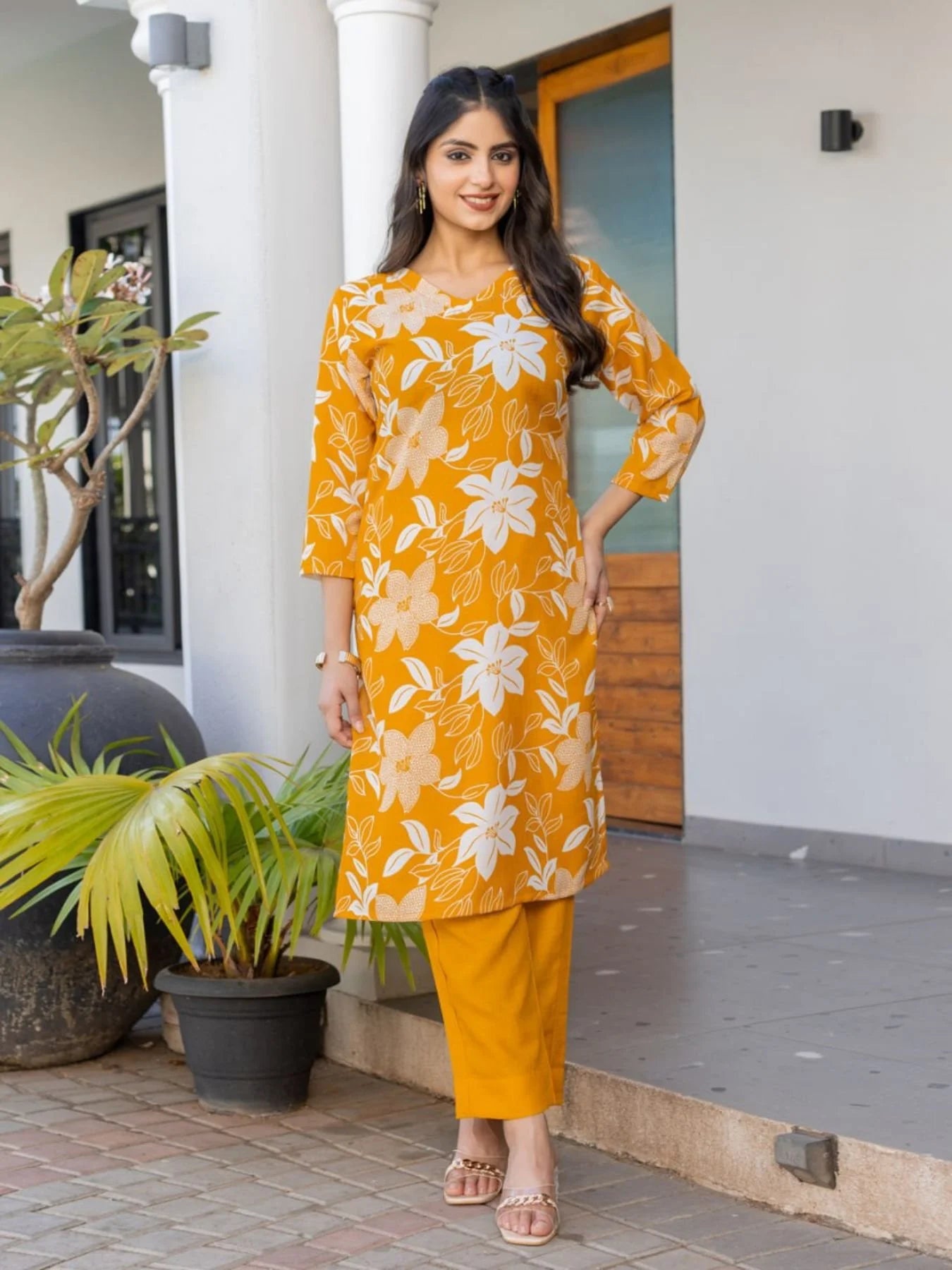 Hot Summer Offer Yellow Cotton Blend Kurti Set with Bottom Ready to Wear