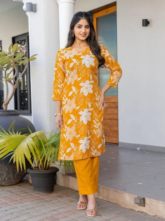 Hot Summer Offer Yellow Cotton Blend Kurti Set with Bottom Ready to Wear