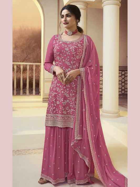 Beautiful Chinon Embroidered Work Sharara Suits Collection