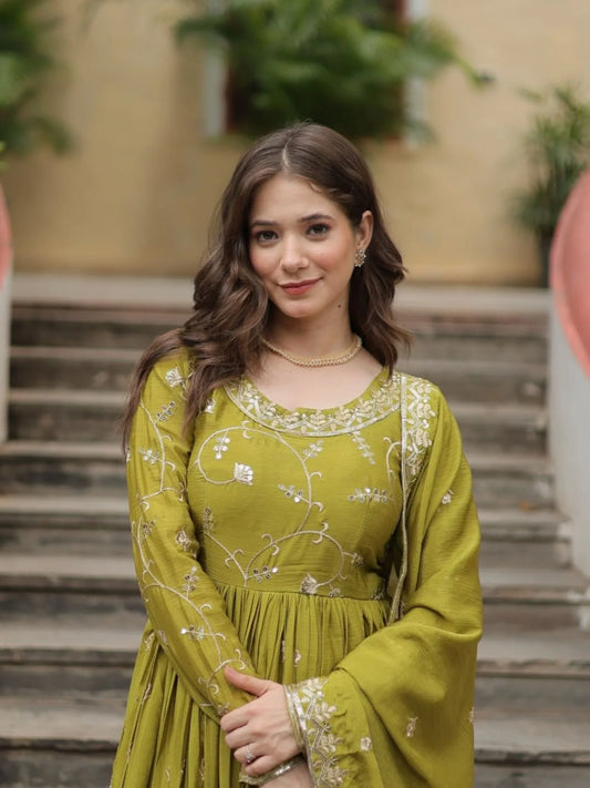 Stunning Parrot Color Chinon Designer Embroidered Salwar Suit