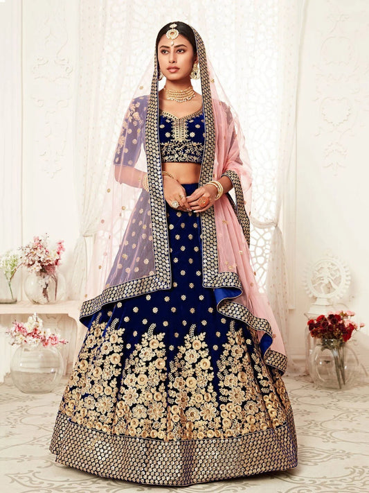 Royal Velvet Wedding Lehenga Choli Navy Blue Velvet with Heavy Floral Zari Sequins Work