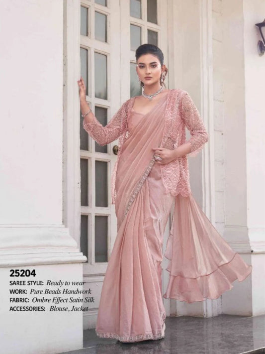 Elegantly Crafted Heavy Beadwork Satin Silk Ombre Saree with Designer Jacket for Weddings Parties