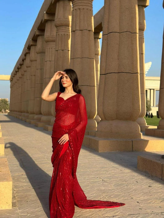 Radiant Red Soft Georgette Saree with Heavy Sequence Work For Partywear