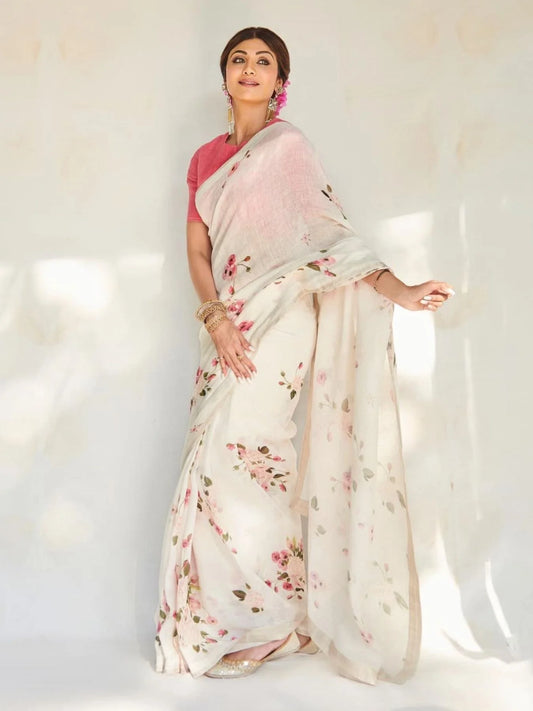 Shilpa Shetty Digital Print Linen Silk Saree Summer Best Offer