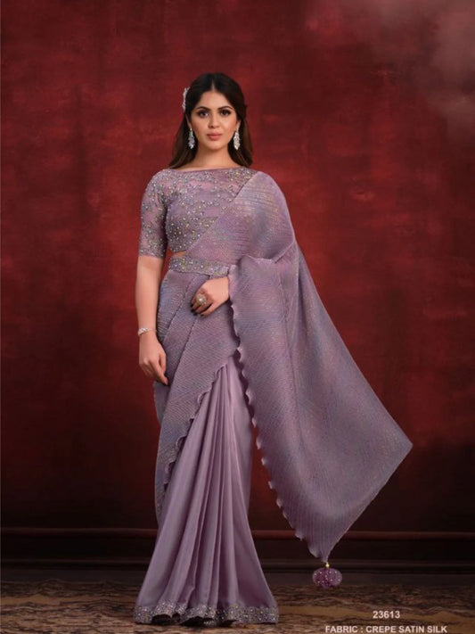 Designer Crepe Satin Silk Sequence Thread Party Wear Saree With Stone Work At Low Price