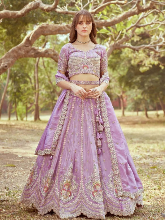 Luxury Heavy Bridal Tissue Lehenga Lavender Gold Multi Embroidery Cream Crush Moti Dupatta Surat Export Design Trendy Collection for Dealers