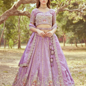 Luxury Heavy Bridal Tissue Lehenga Lavender Gold Multi Embroidery Cream Crush Moti Dupatta Surat Export Design Trendy Collection for Dealers