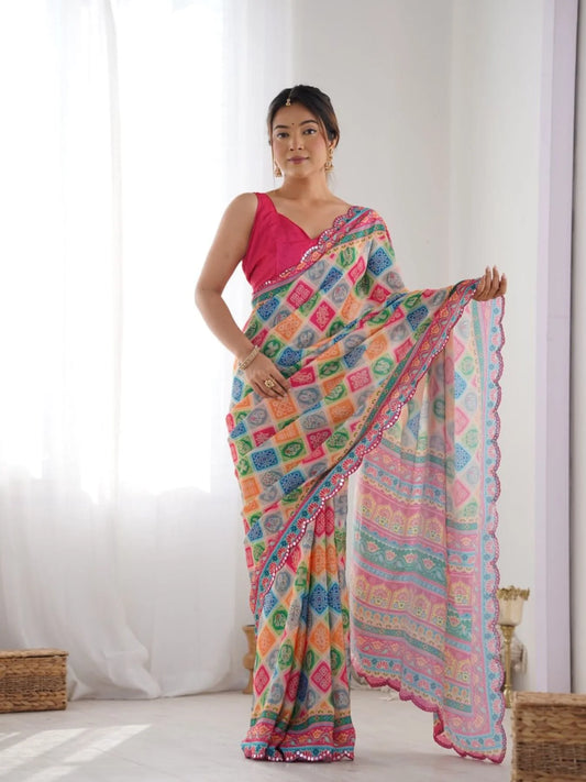 Multi-Color Printed Chinon Saree with Designer Mirror Lace Surat-Based Supplier Buy Now at Best Price
