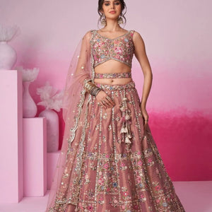 Rose Gold Wedding Lehenga Choli Heavy Mirror Moti & Sequin Work with Dupatta Set Premium Online Wholesale Fashionwear