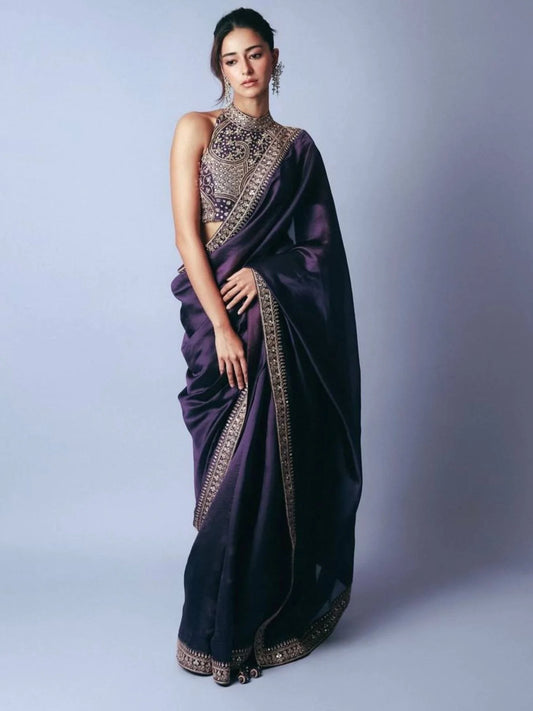 ananya Bollywood Celebrity Purple Saree Partywear in Jimmi Choo Fabric with Starry Sequins Wholesale Price