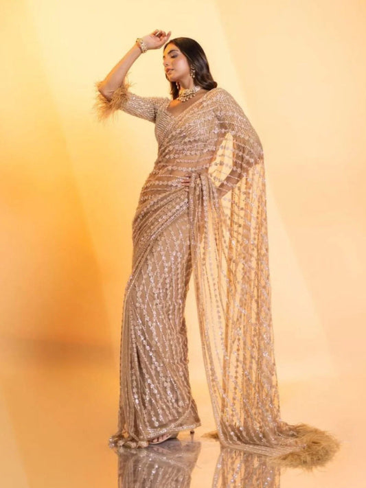 Beautiful fancy Sequance Embroidery Work With Feather Lace In Pallu Border Saree