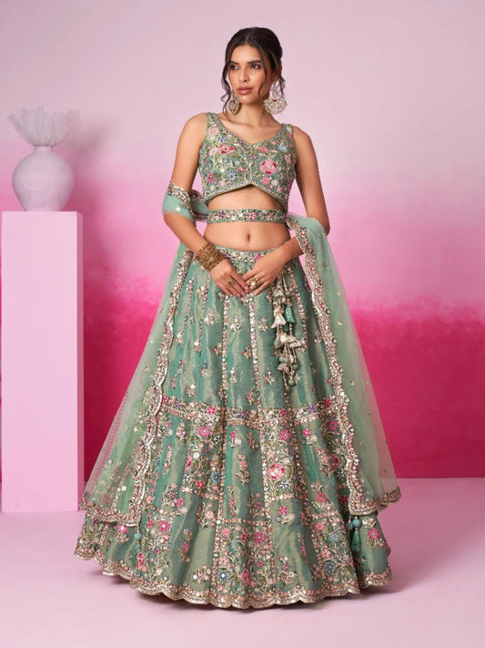 Trendy Pretty Women Bridal Leheng Set Green Color Lehenga With Embroidery Work & Mirror Work